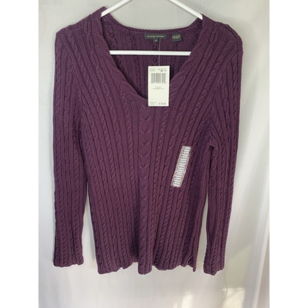 Women's M Jeanne Pierre NWT Cable Knit Designer Cardigan Purple Cotton Vneck